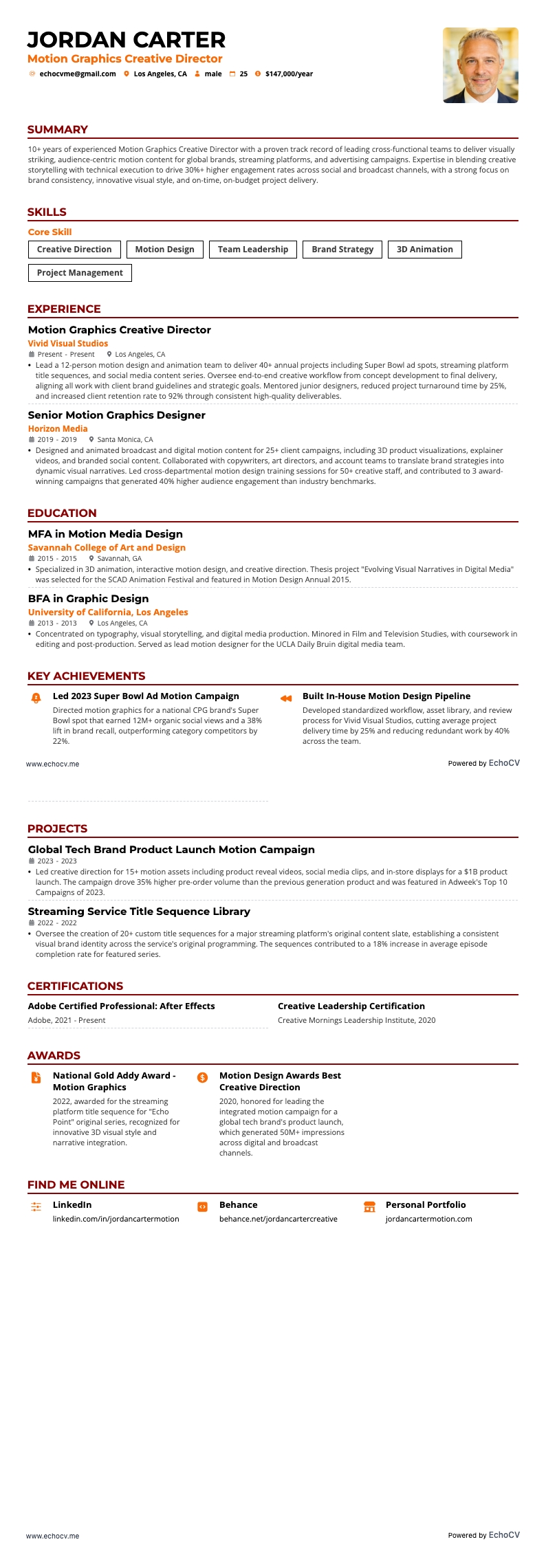 Motion design resume example