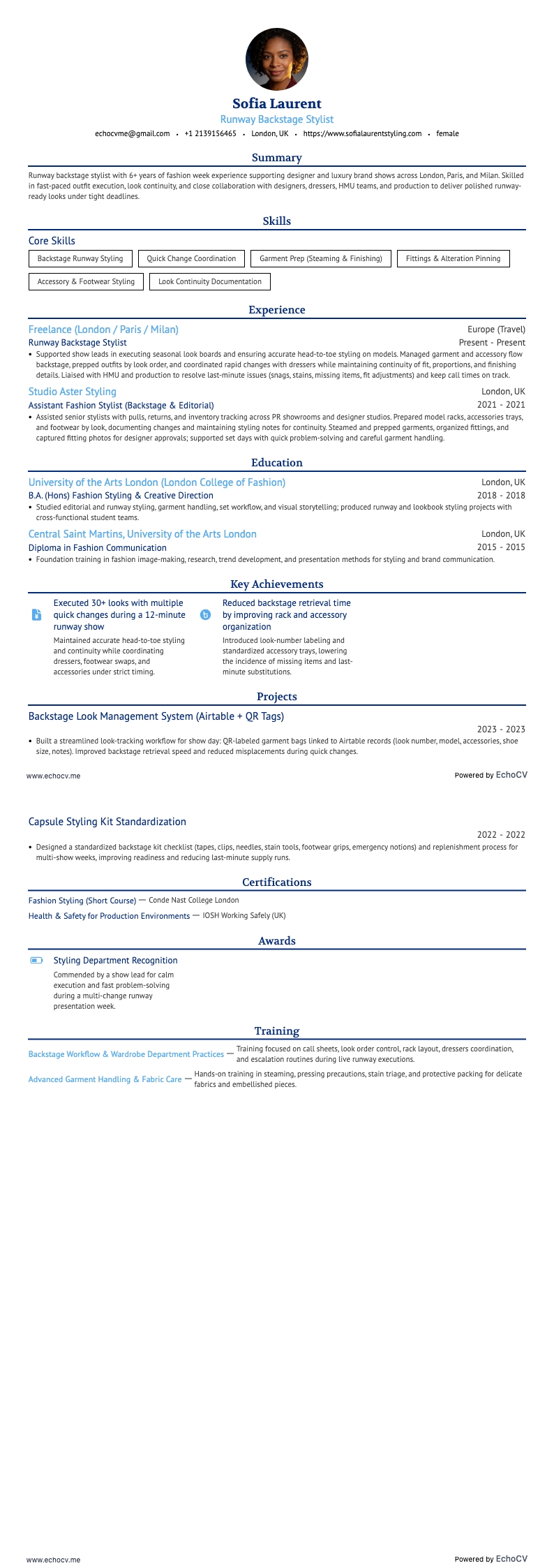 Stylist de moda resume example