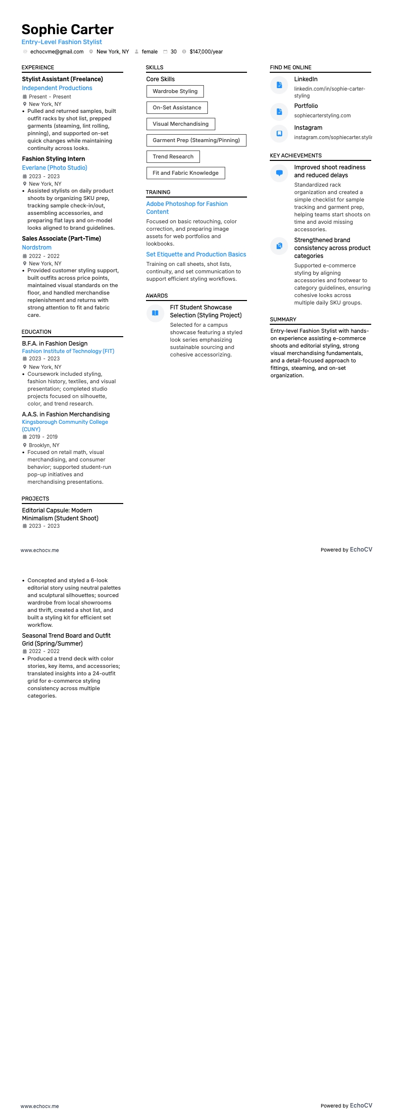 Mode stylist resume example