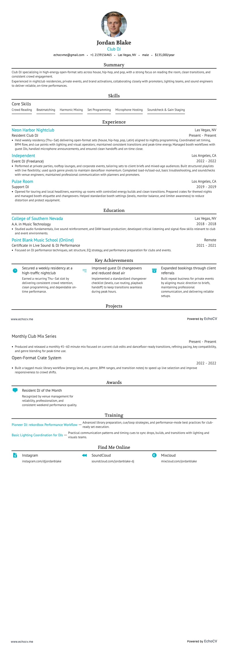 Club DJ example resume