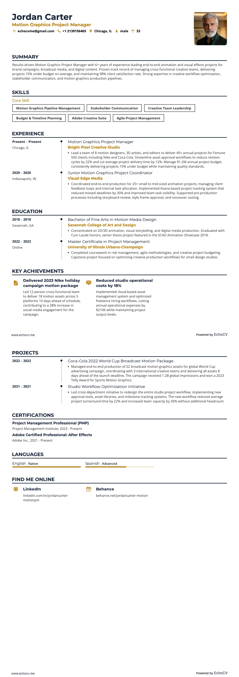 动态图形项目经理 example resume