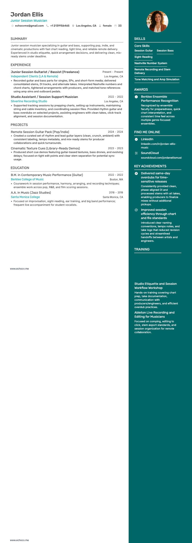 Musician resume example