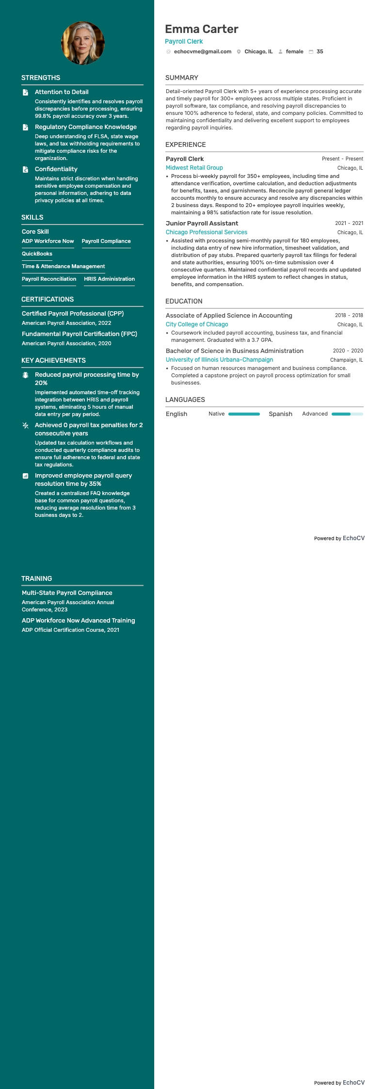 Löneadministratör example resume