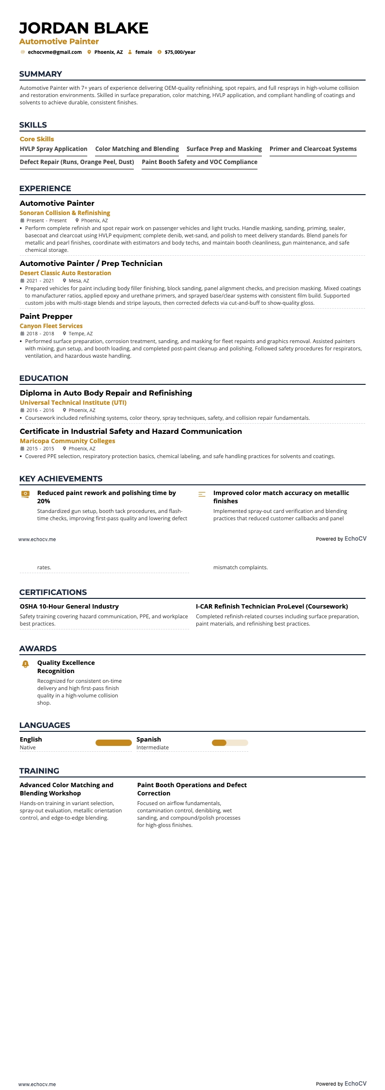 汽车喷漆工 example resume