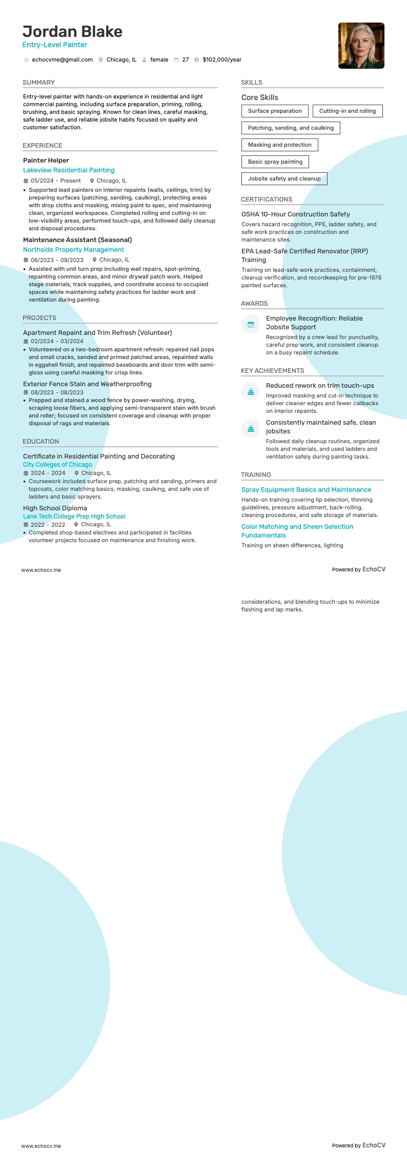 初级油漆工 example resume