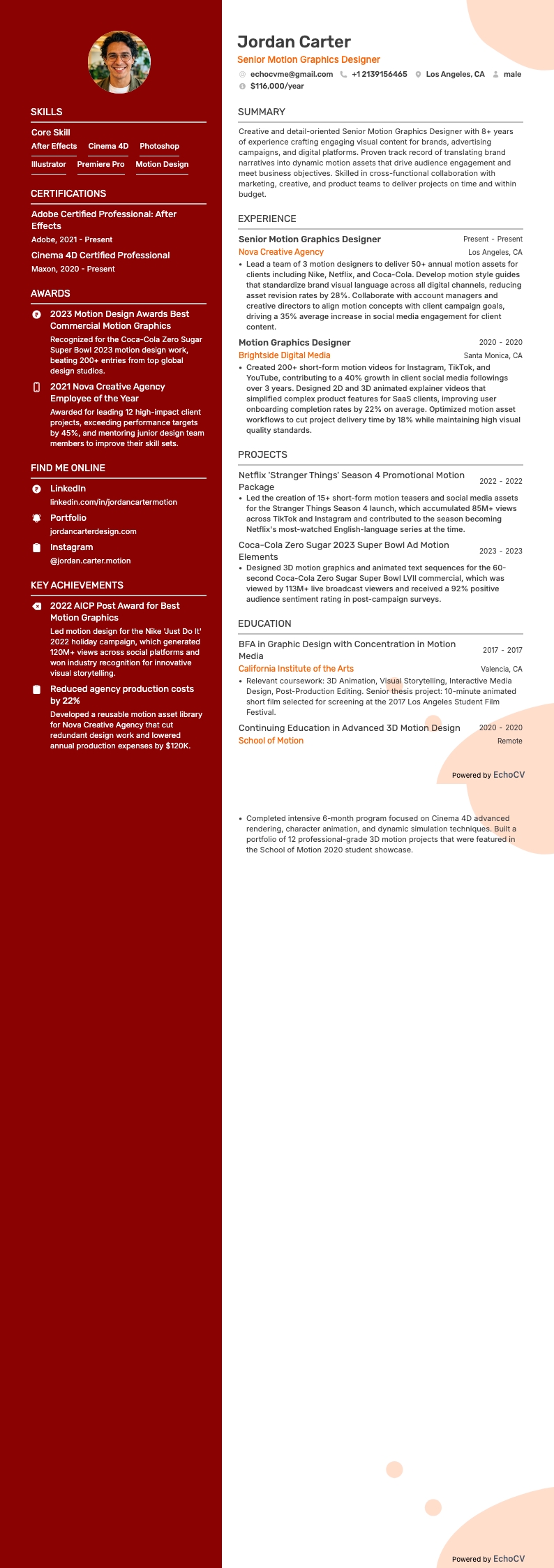高级动态图形设计师 example resume