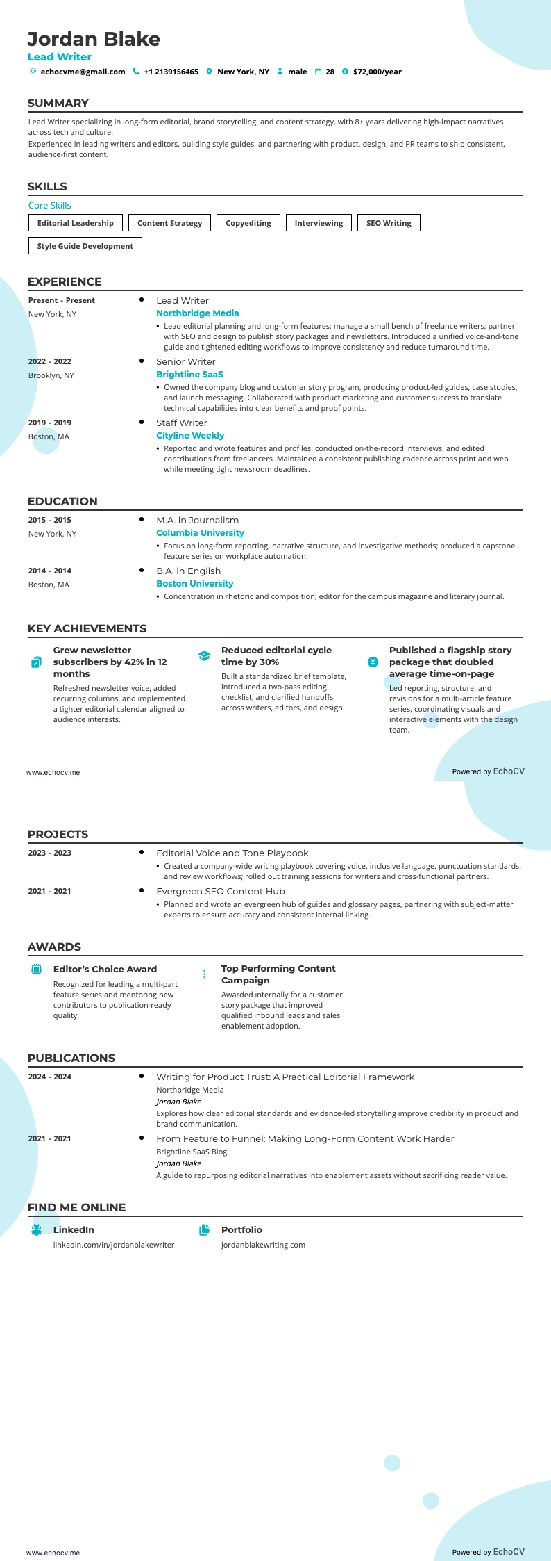 Scrittore resume example