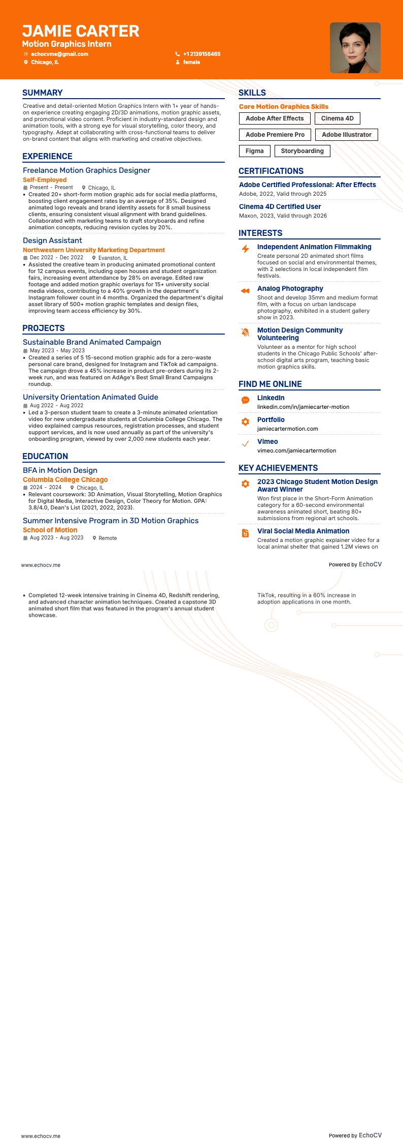 动态图形实习生 example resume