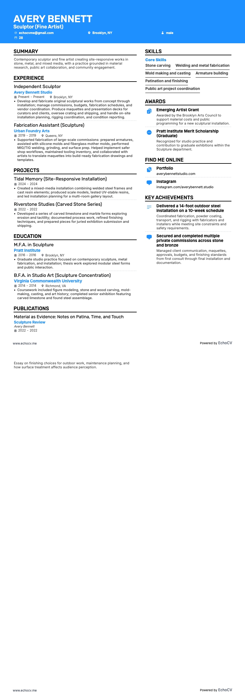 Beeldhouwer example resume