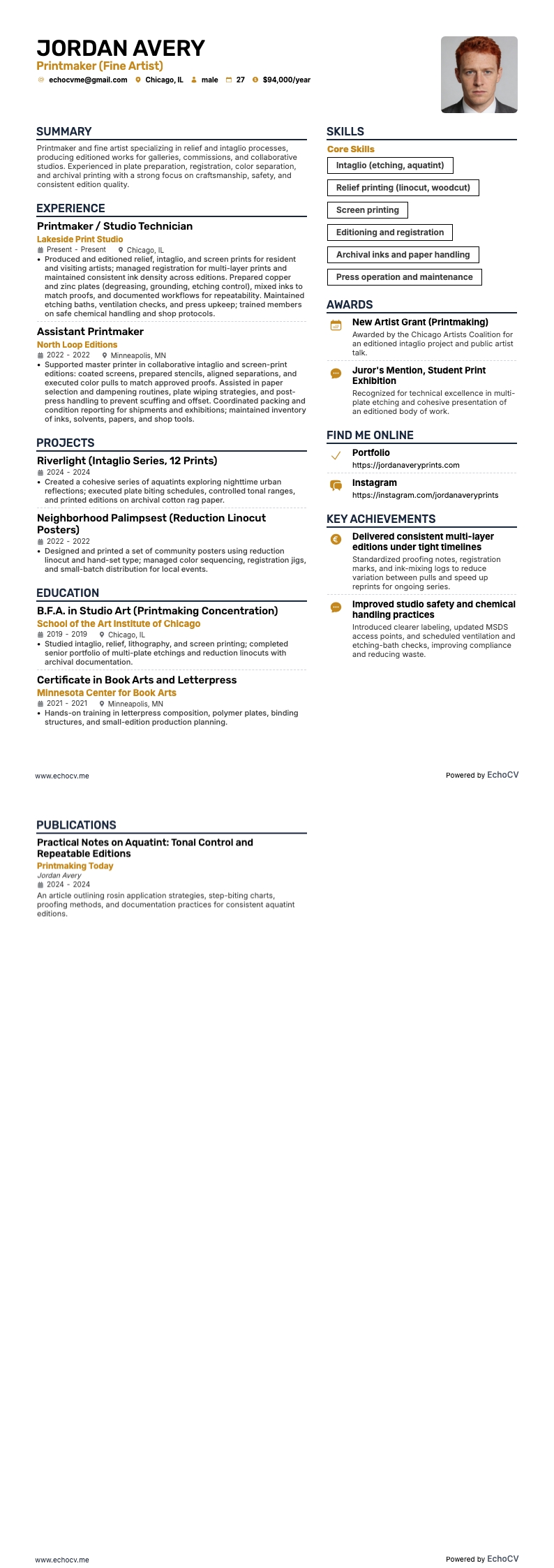 Prentmaker example resume