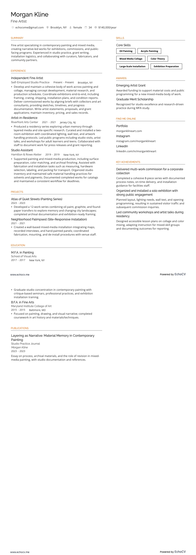 Artista plástico resume example