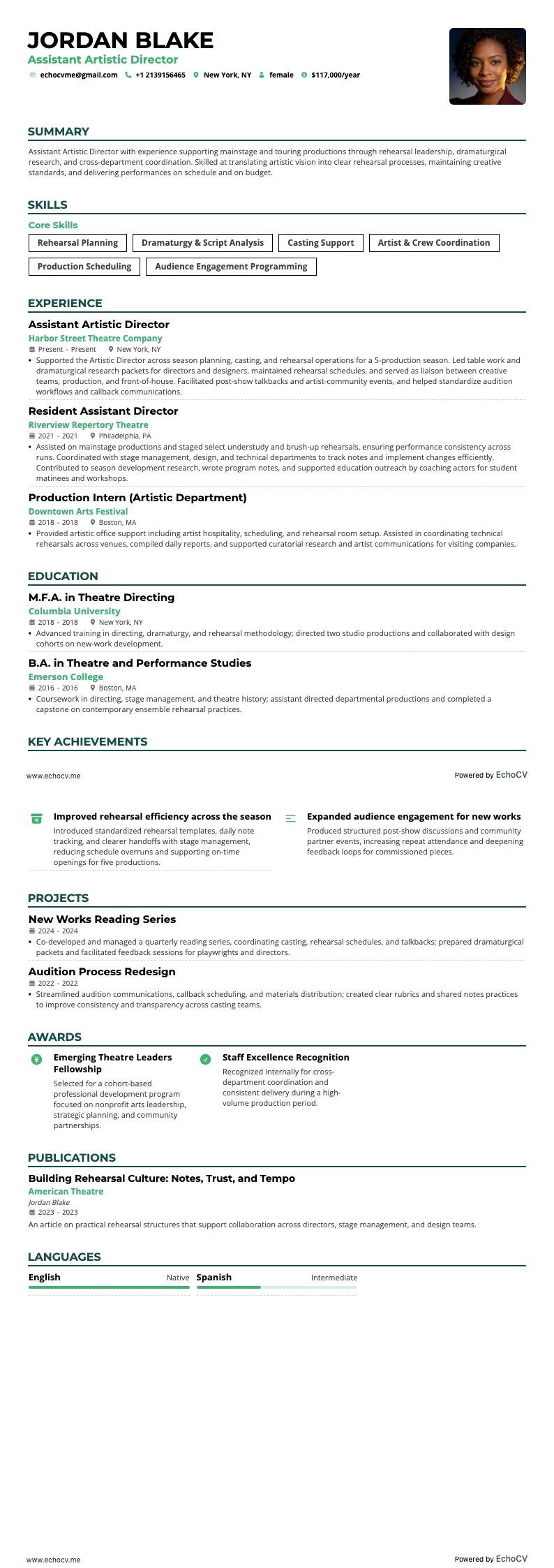 예술감독 보조 example resume