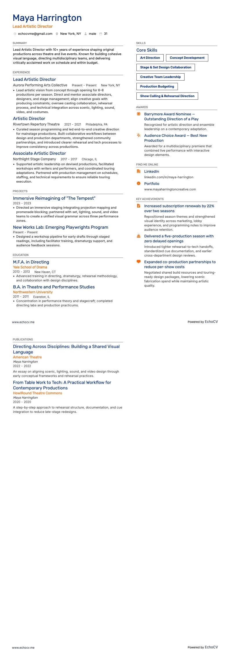 藝術總監 resume example