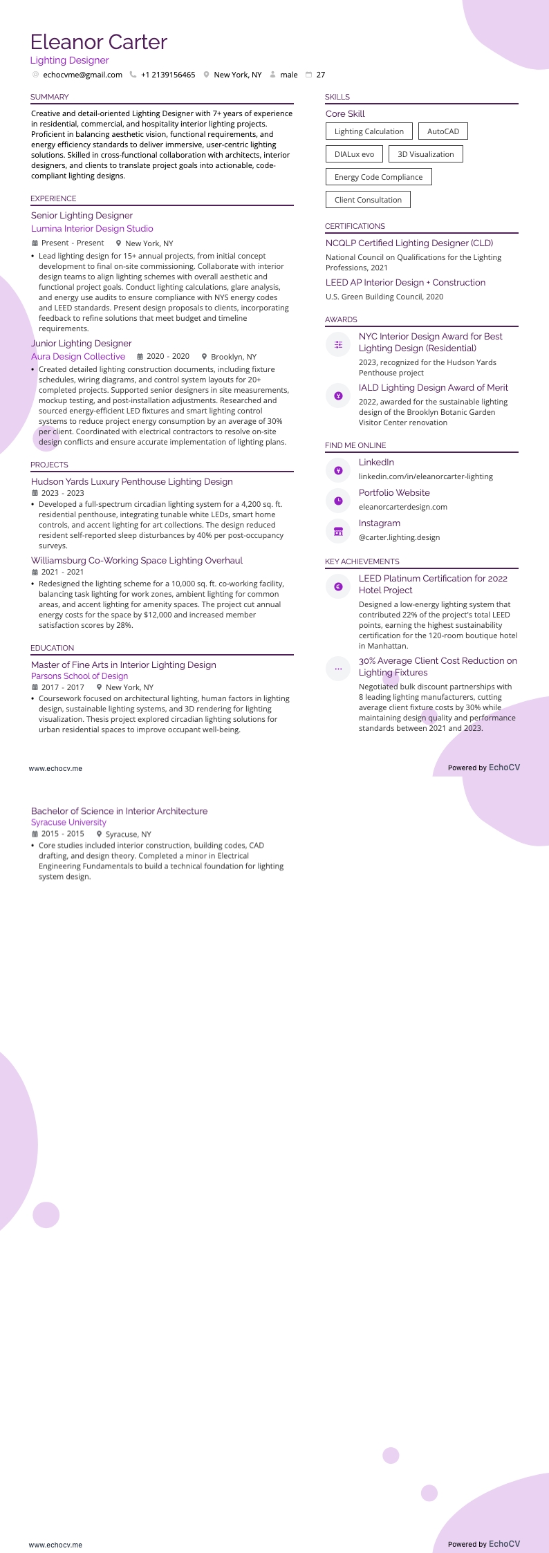 照明デザイナー example resume