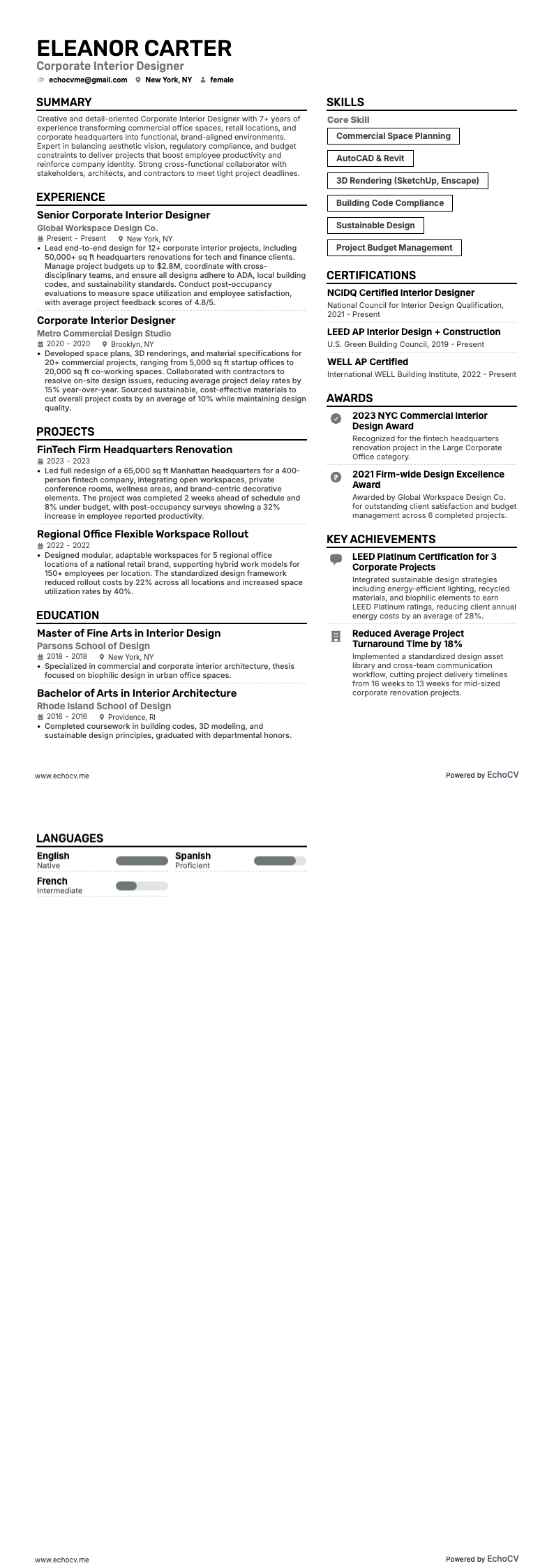 企業向けインテリアデザイナー example resume