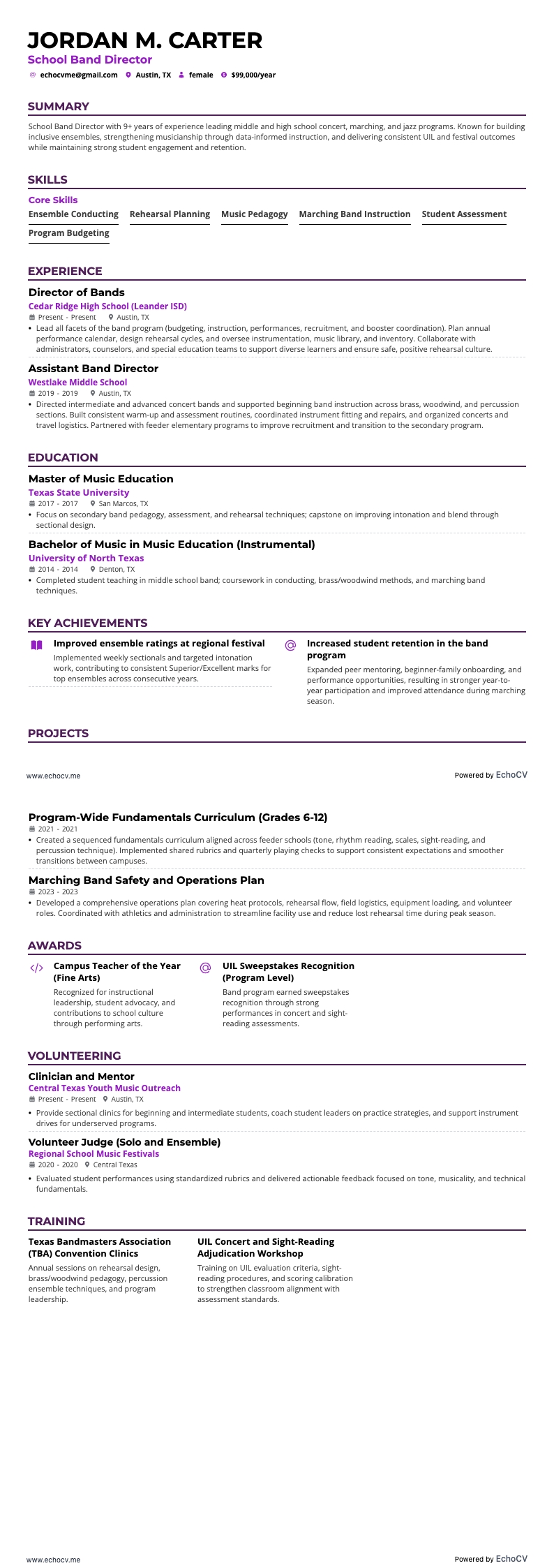 School Band Director example resume