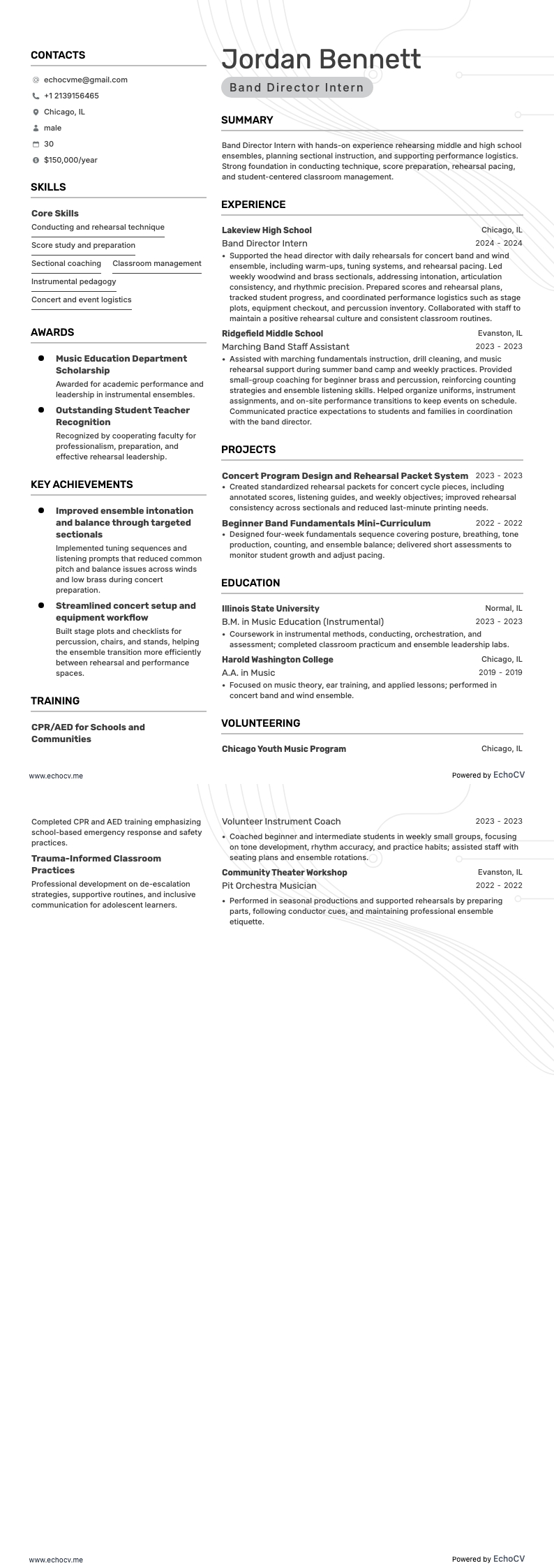 Band Director Intern example resume
