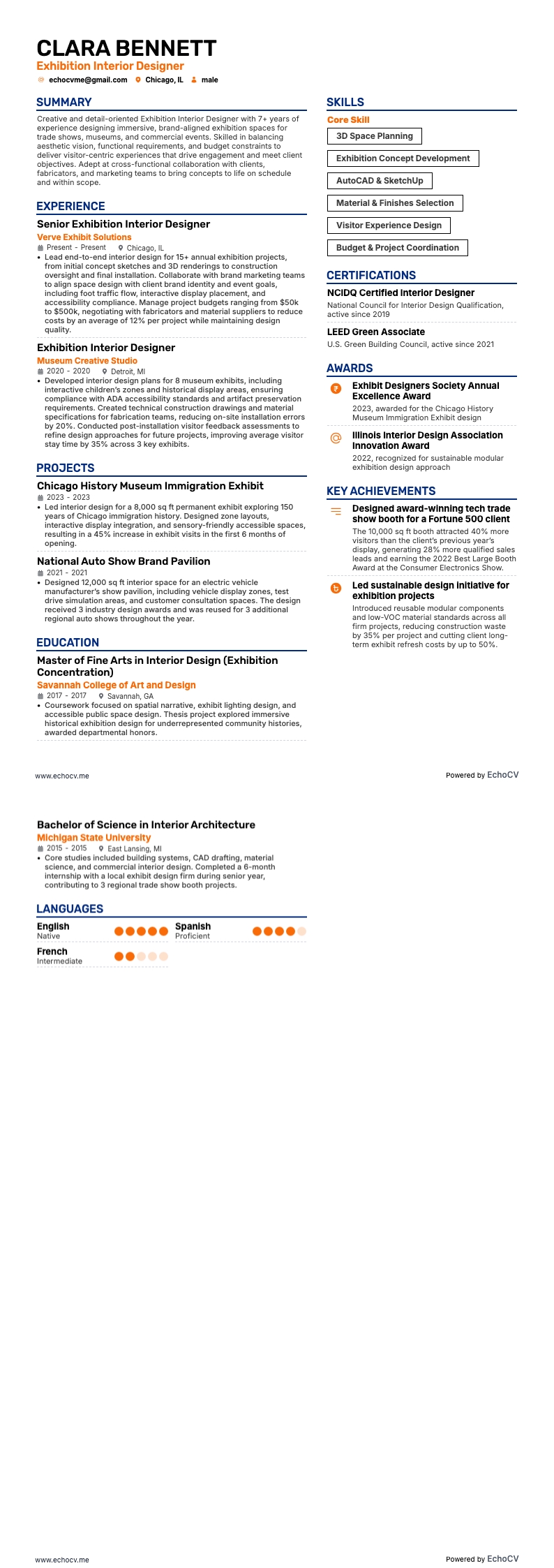 展示会インテリアデザイナー resume example