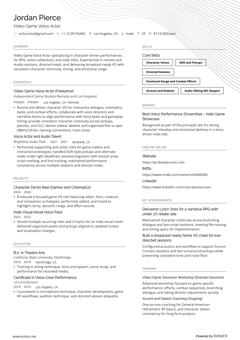 Actor de voz para videojuegos example resume