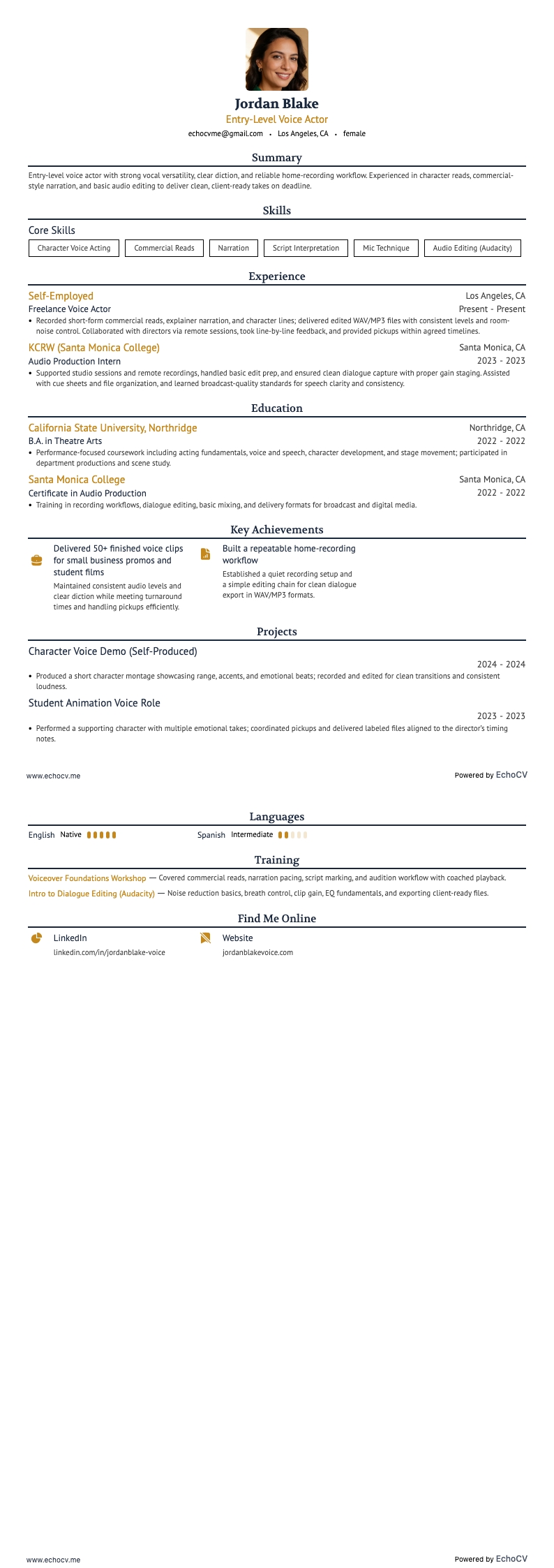 Vista previa completa de Actor de voz de nivel inicial