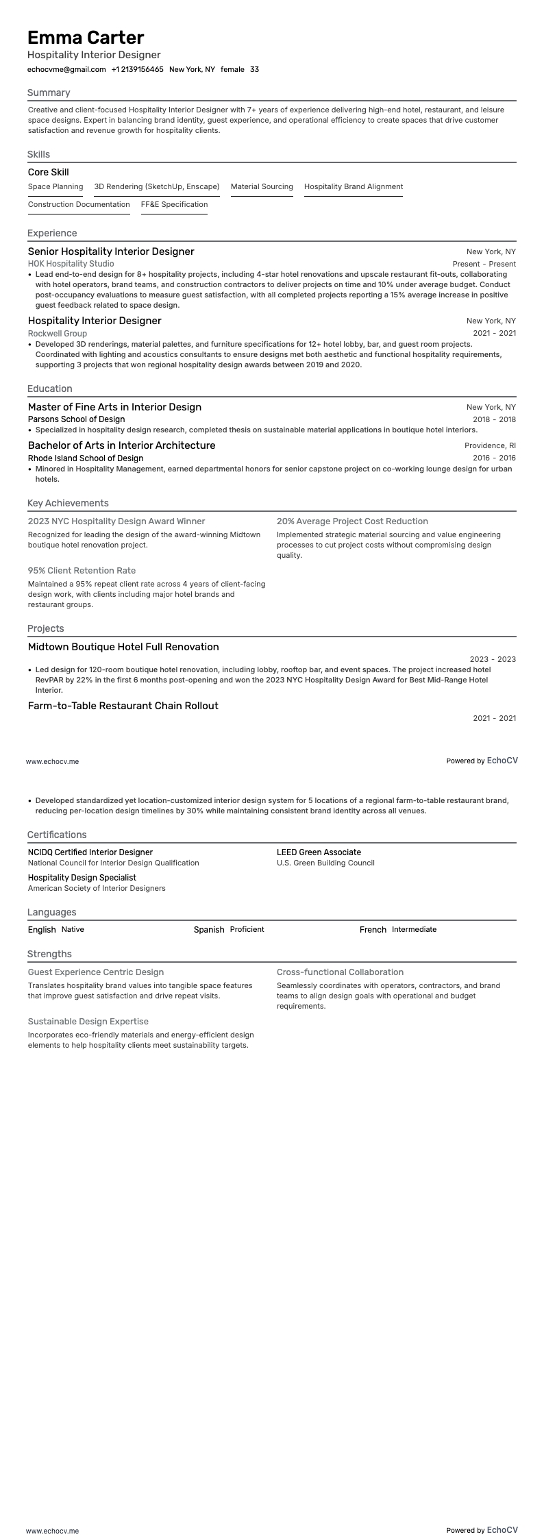 ホスピタリティ空間インテリアデザイナー example resume