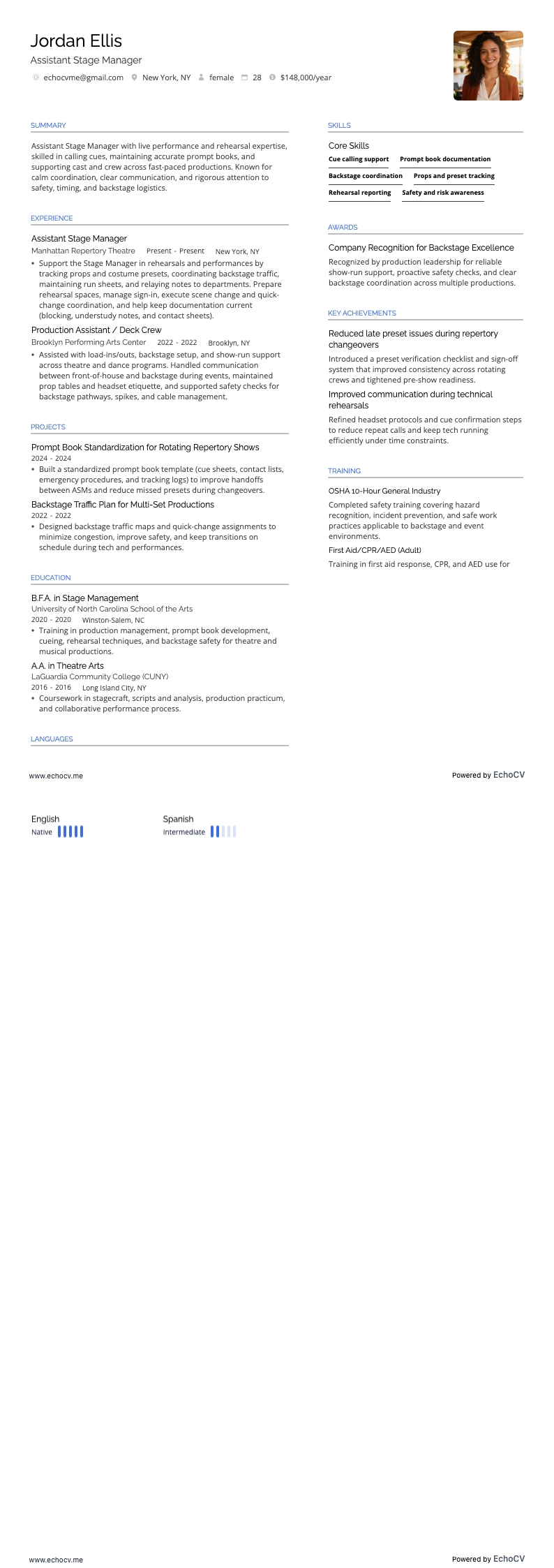 Assistant Stage Manager example resume