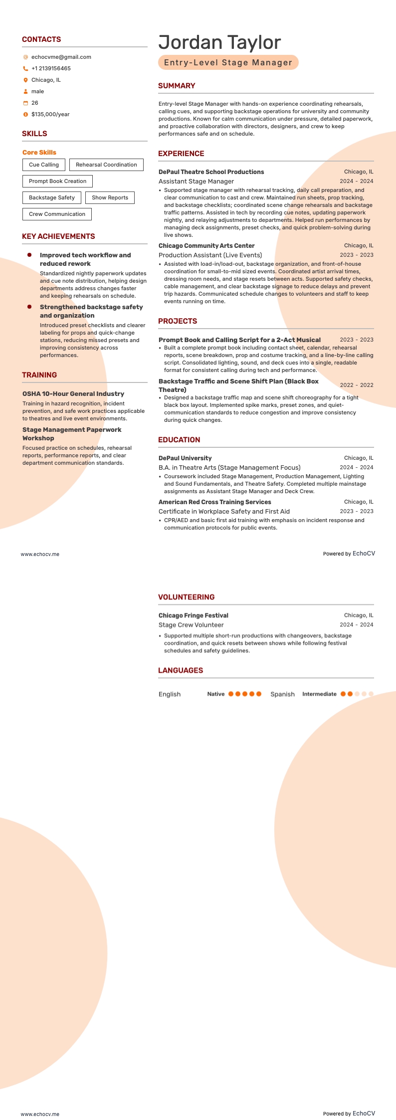 Entry-Level Stage Manager example resume