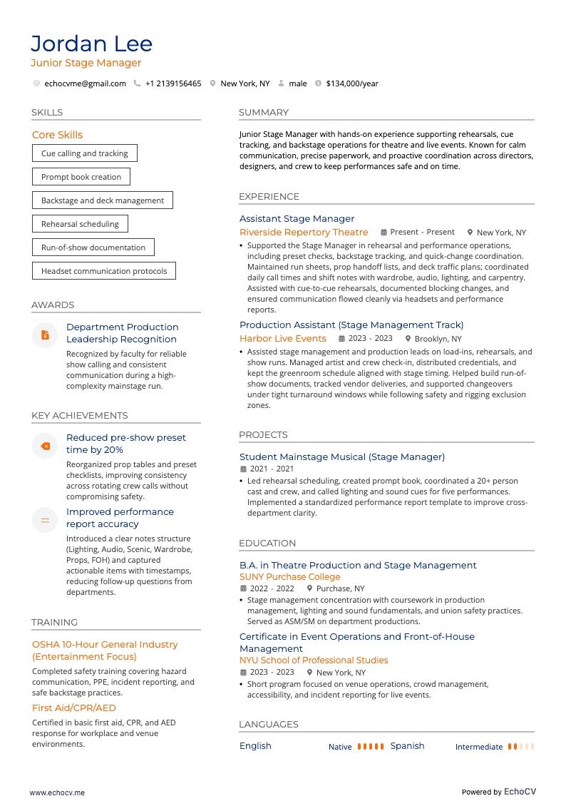 Stage Manager resume example