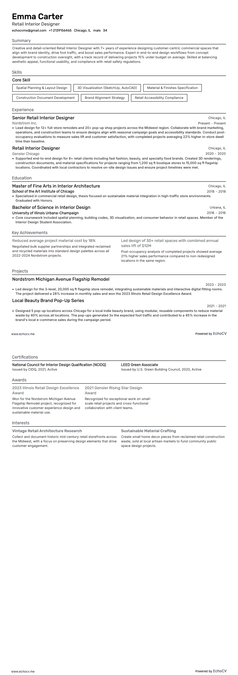 店舗インテリアデザイナー example resume