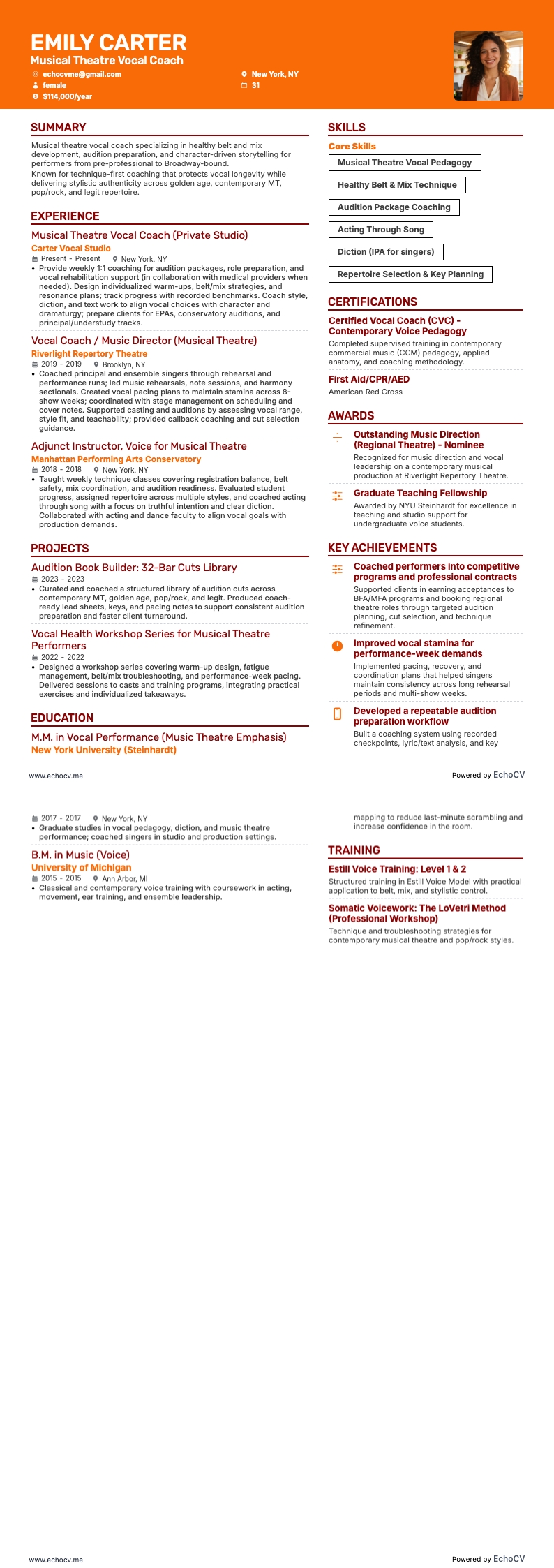 Musical Theatre Vocal Coach example resume
