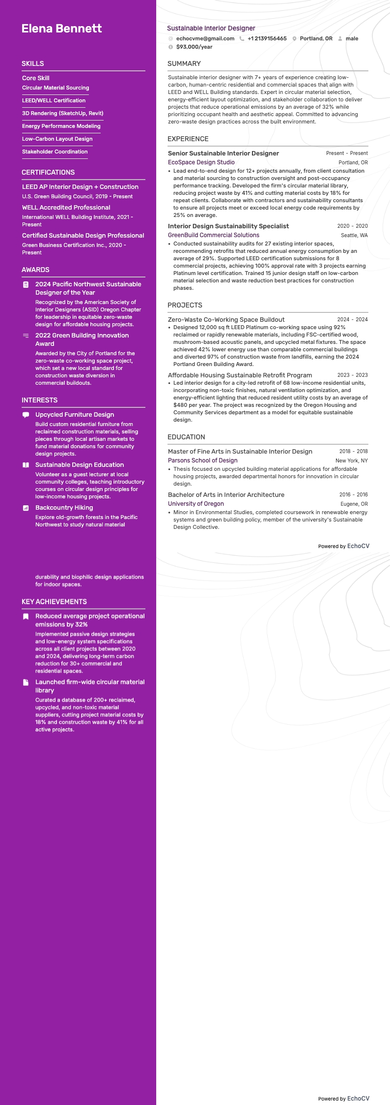 サステナブルなインテリアデザイナー example resume