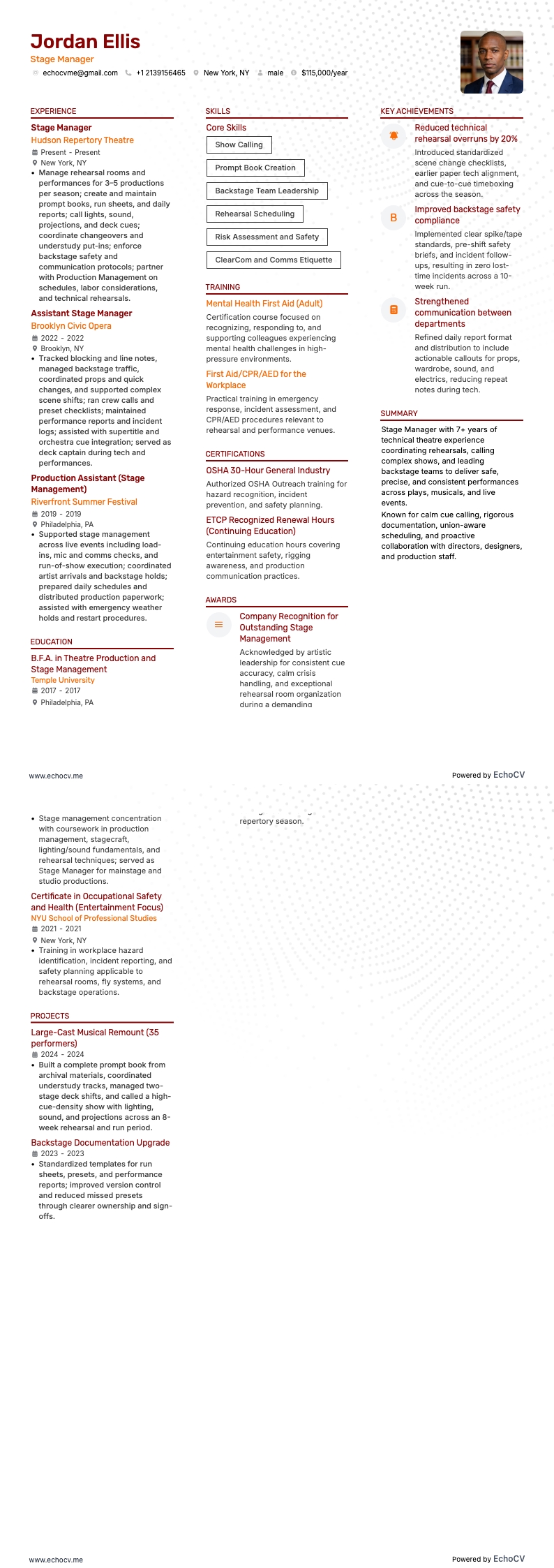 무대 매니저 example resume