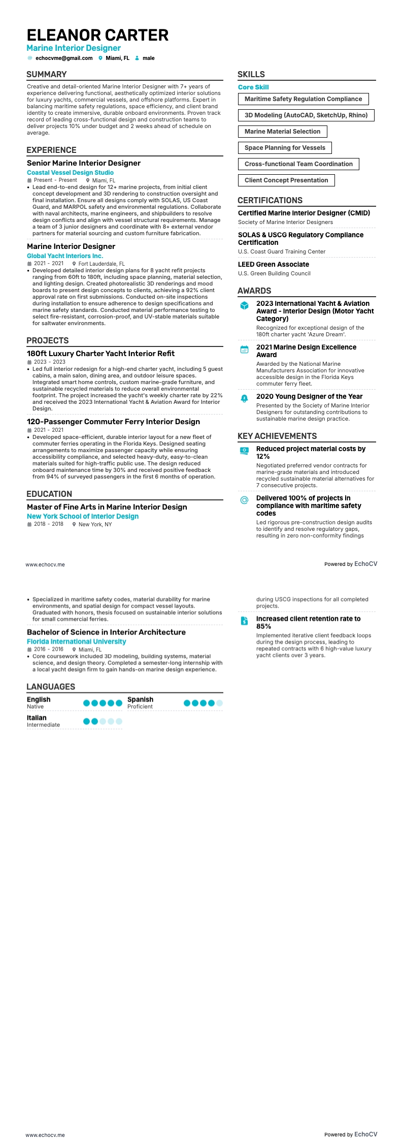 船舶インテリアデザイナー example resume