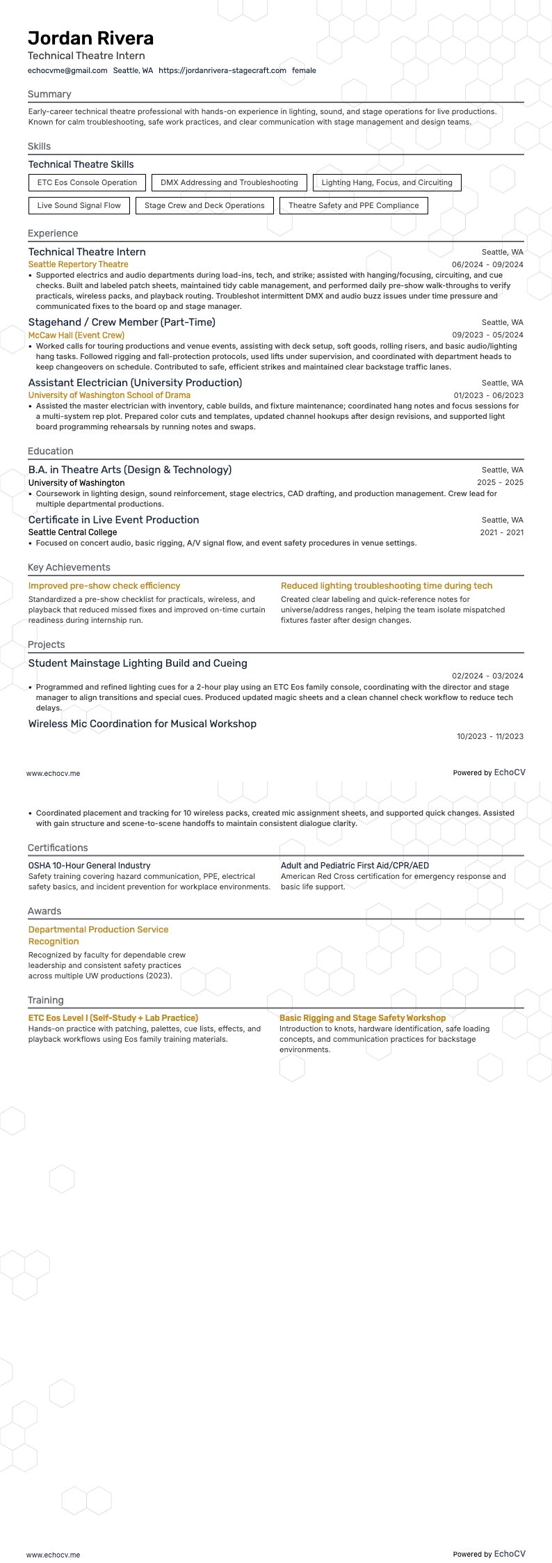 기술 극장 인턴 example resume