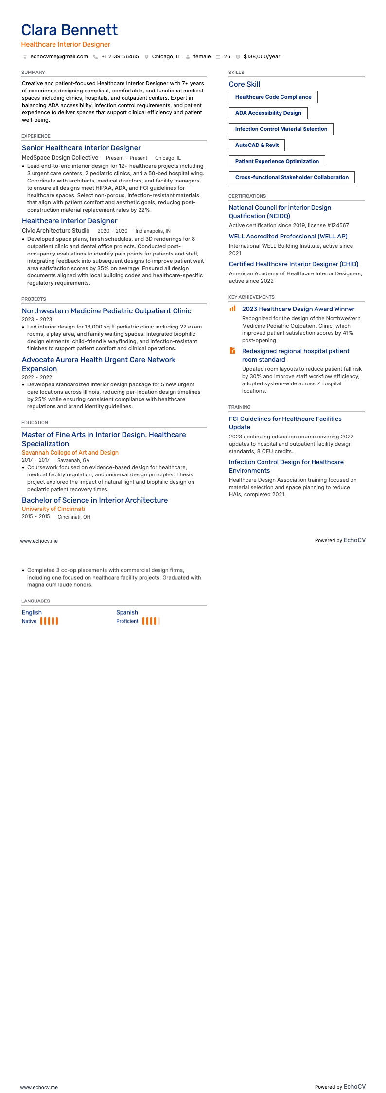 ヘルスケア向けインテリアデザイナー example resume