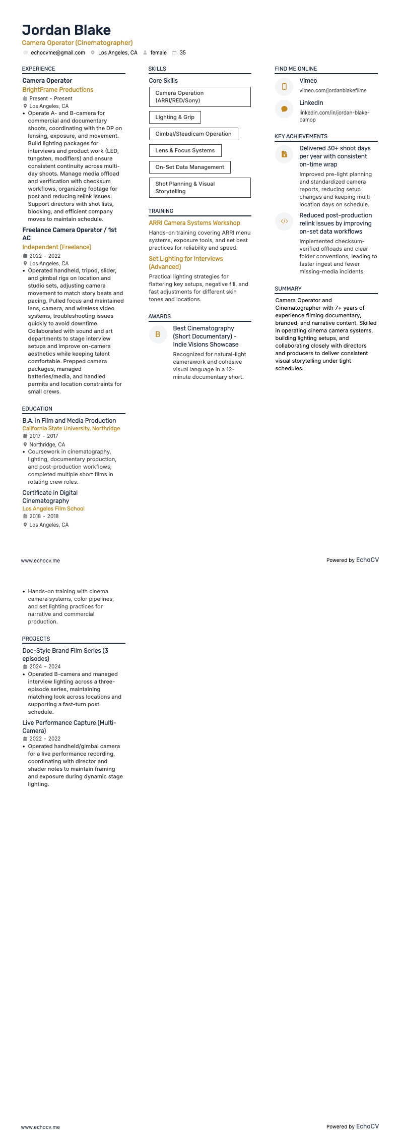 Camera Operator example resume