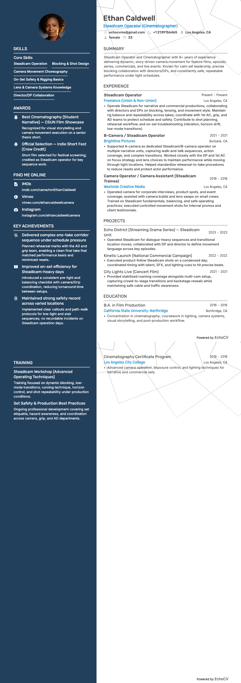 Cinematographer resume example