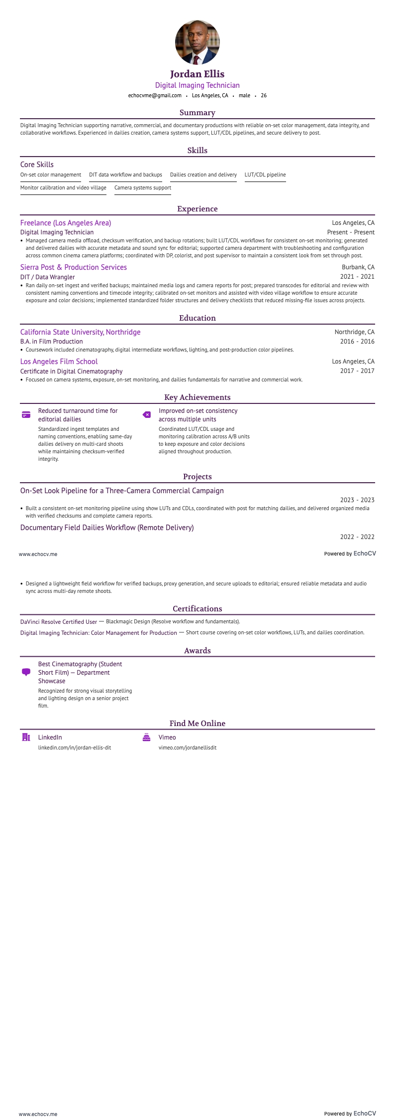Digital Imaging Technician example resume