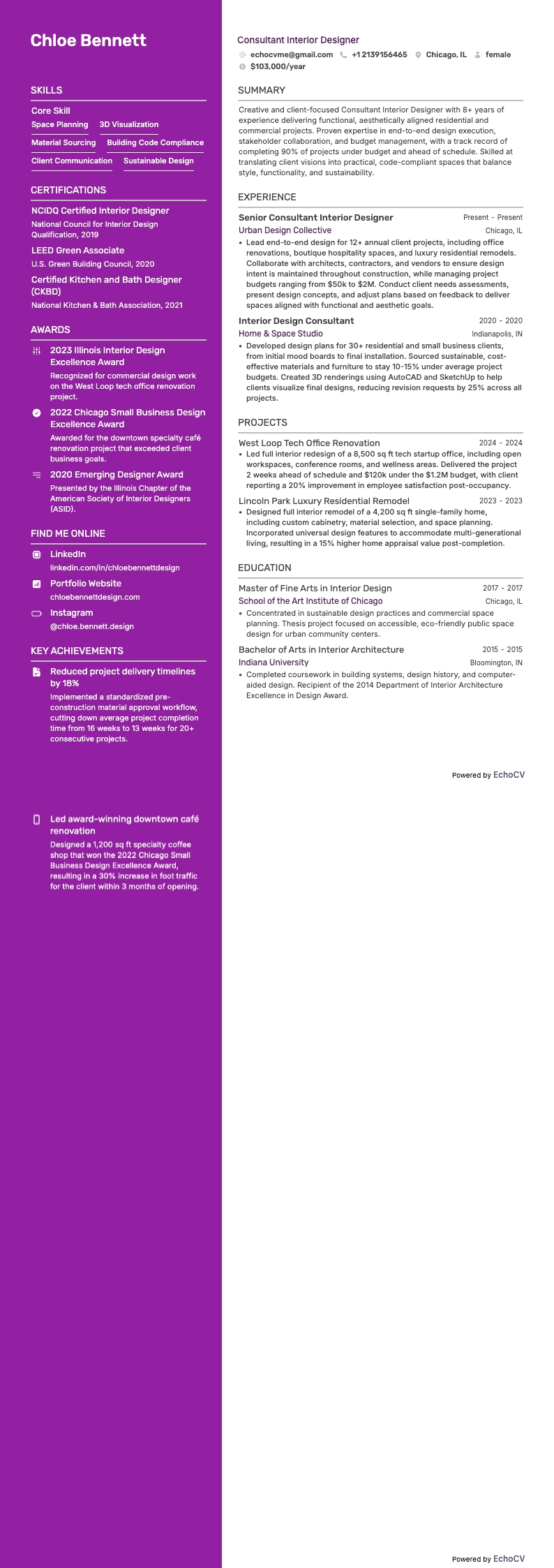 コンサルタント インテリアデザイナー example resume