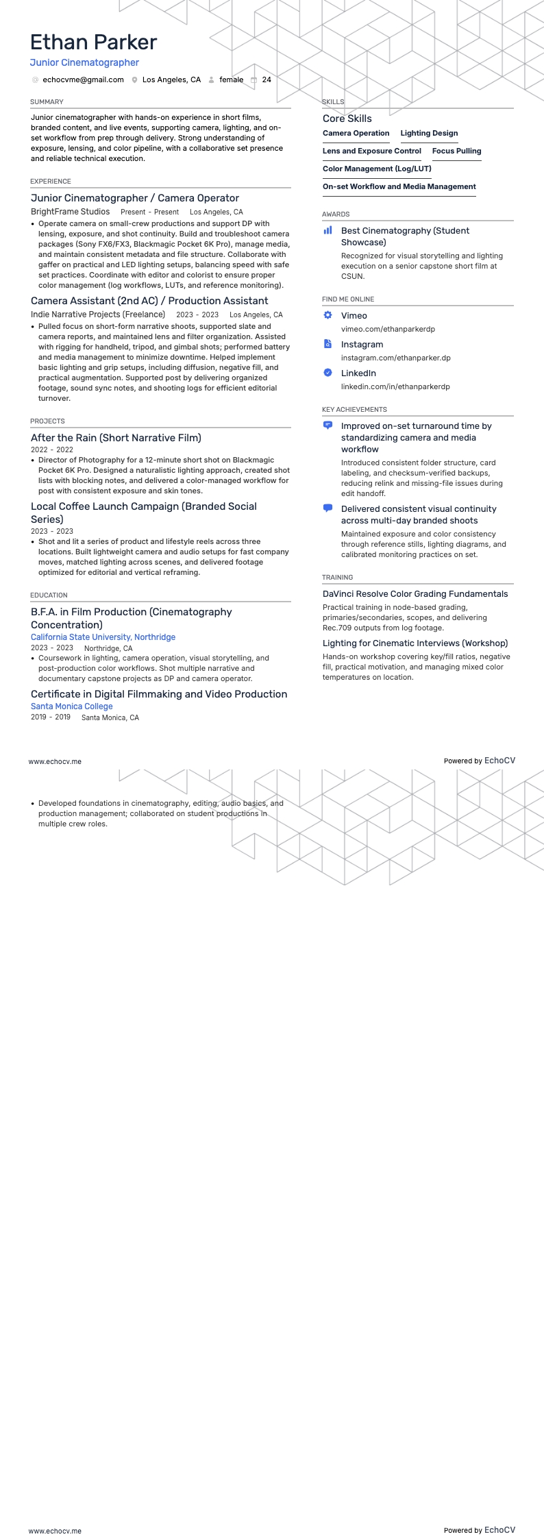 Junior Cinematographer example resume