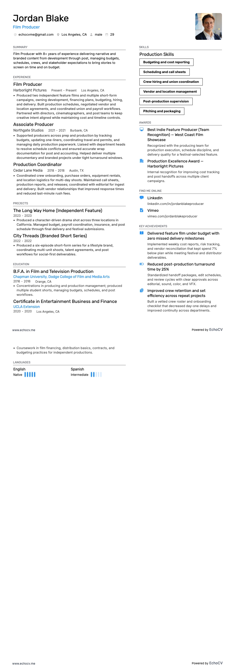 영화 제작 resume example