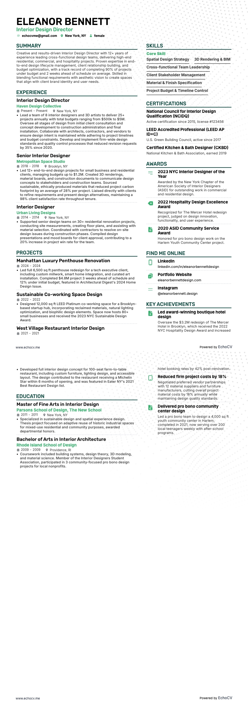 インテリアデザイン部長 example resume