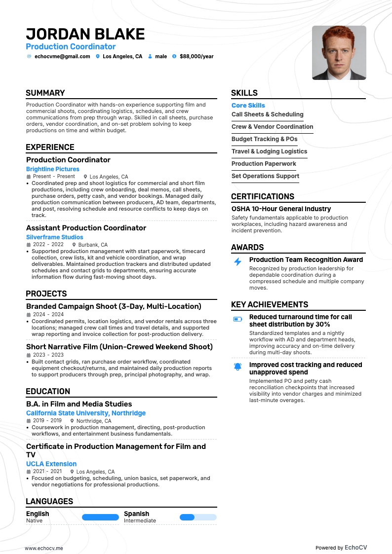 프로덕션 코디네이터 example resume