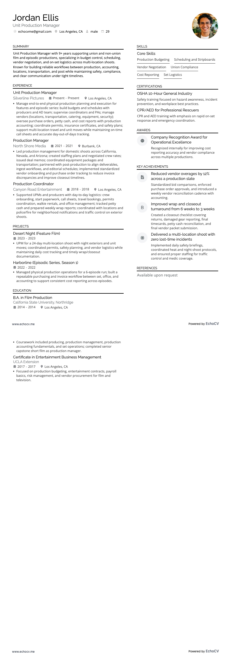 유닛 프로덕션 매니저 example resume