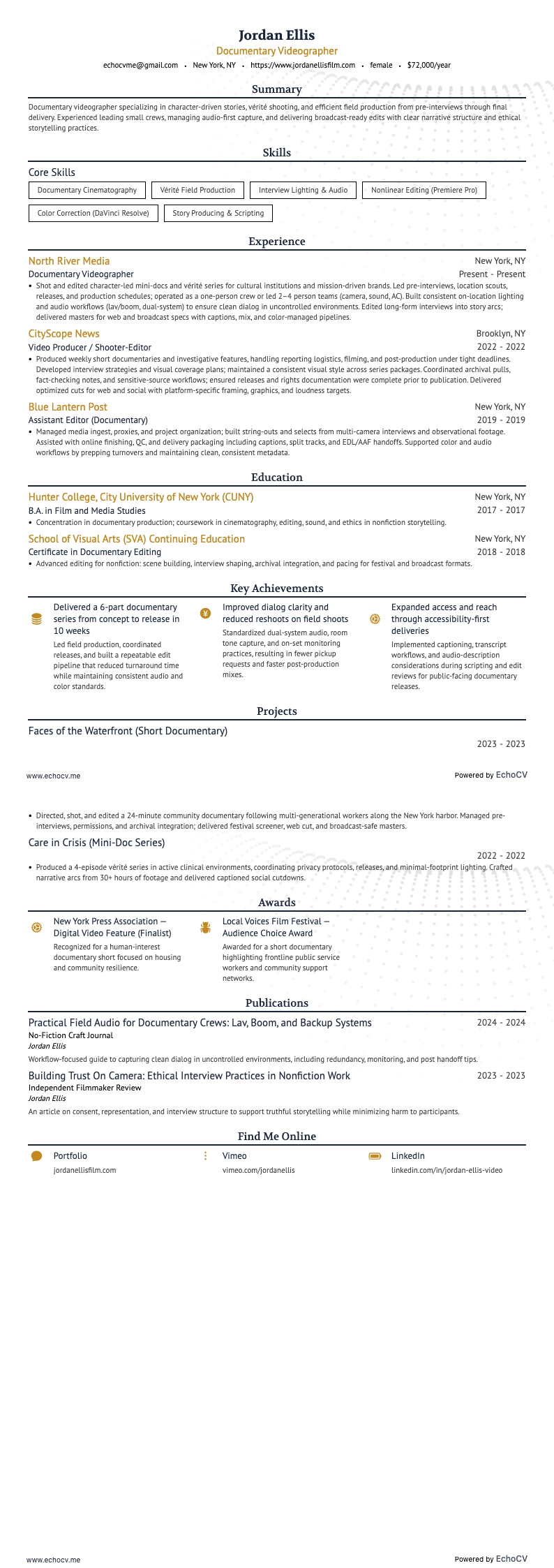 Documentary Videographer example resume