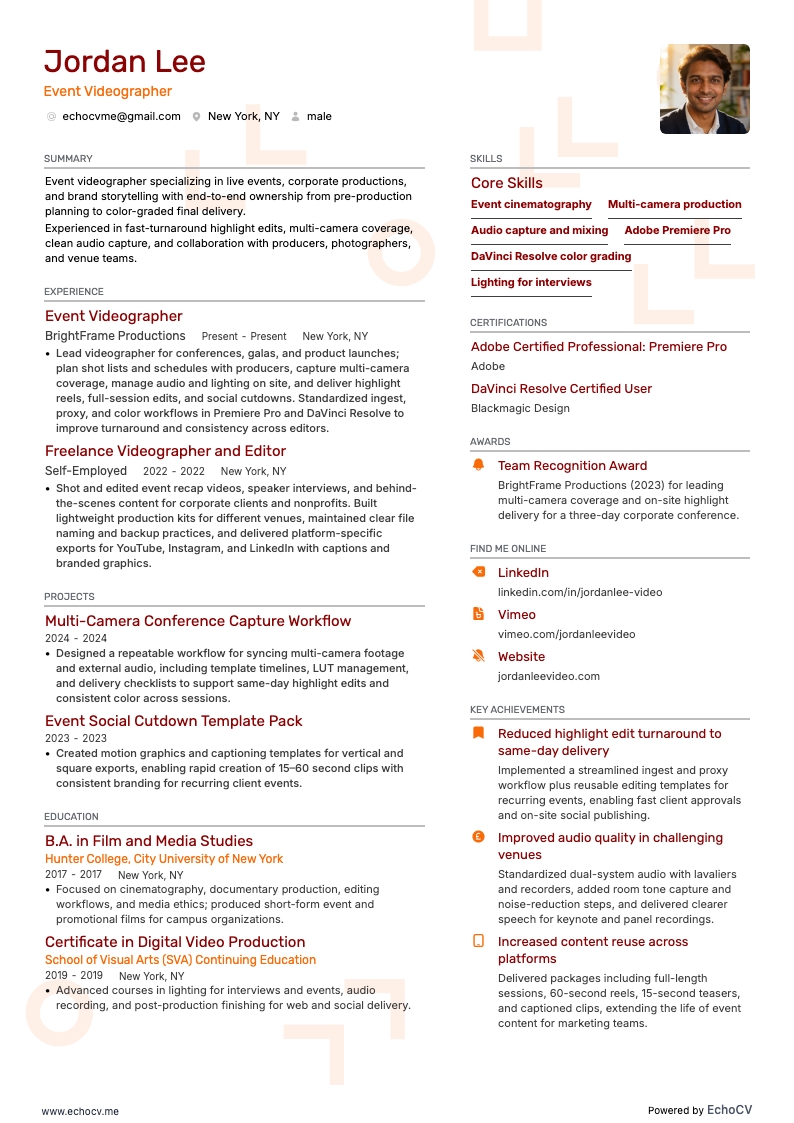 Event Videographer example resume