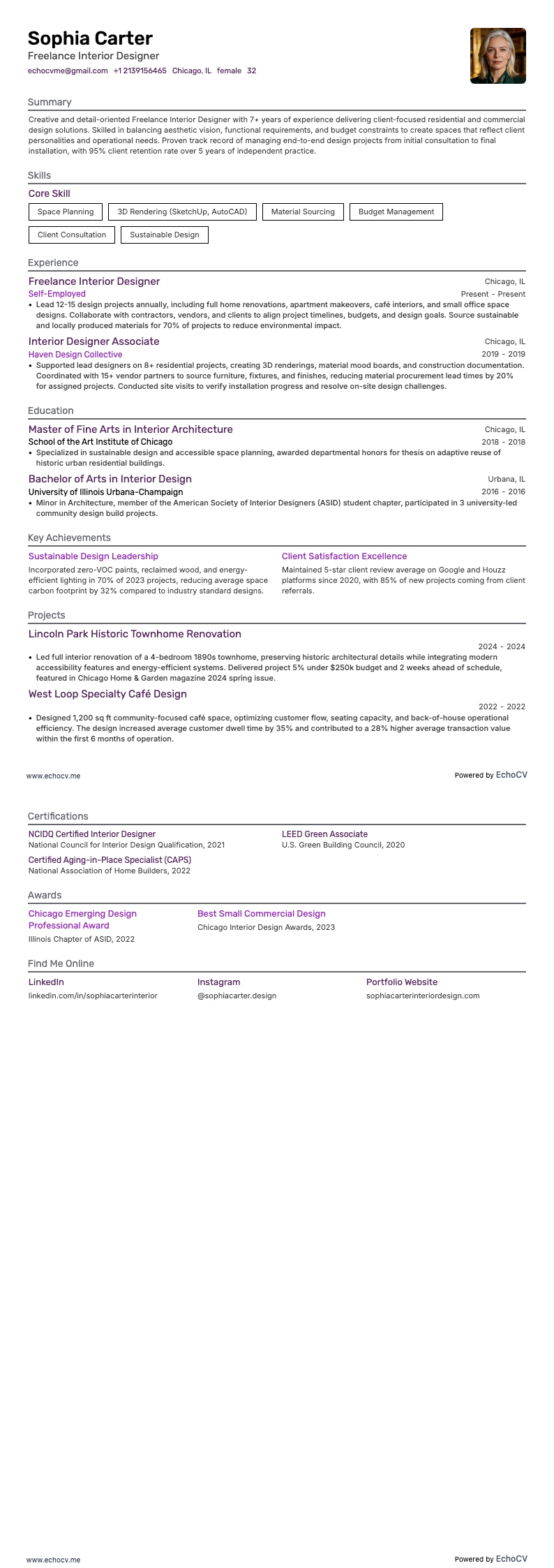 フリーランスのインテリアデザイナー example resume