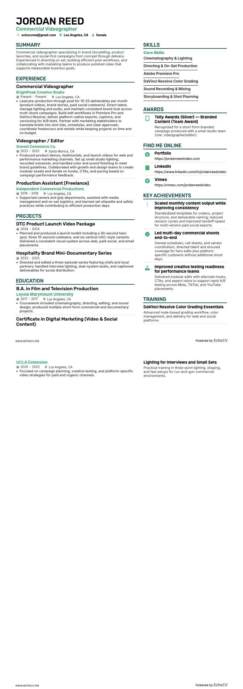 Commercial Videographer example resume