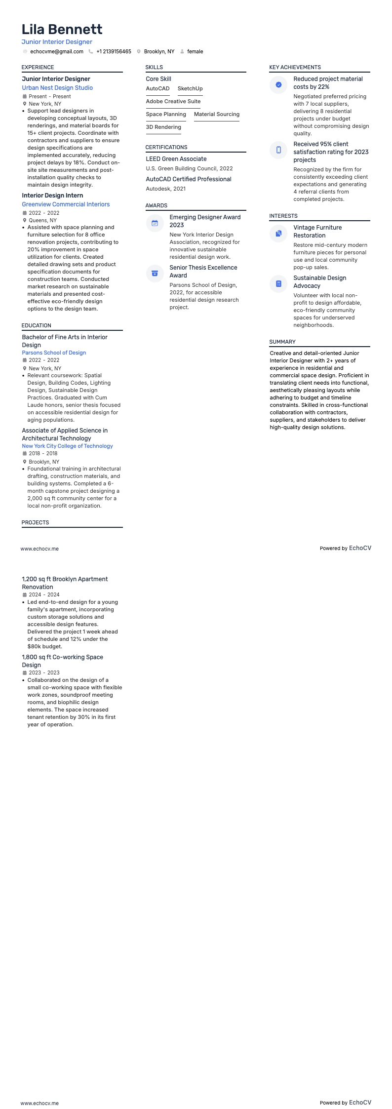 ジュニアインテリアデザイナー example resume