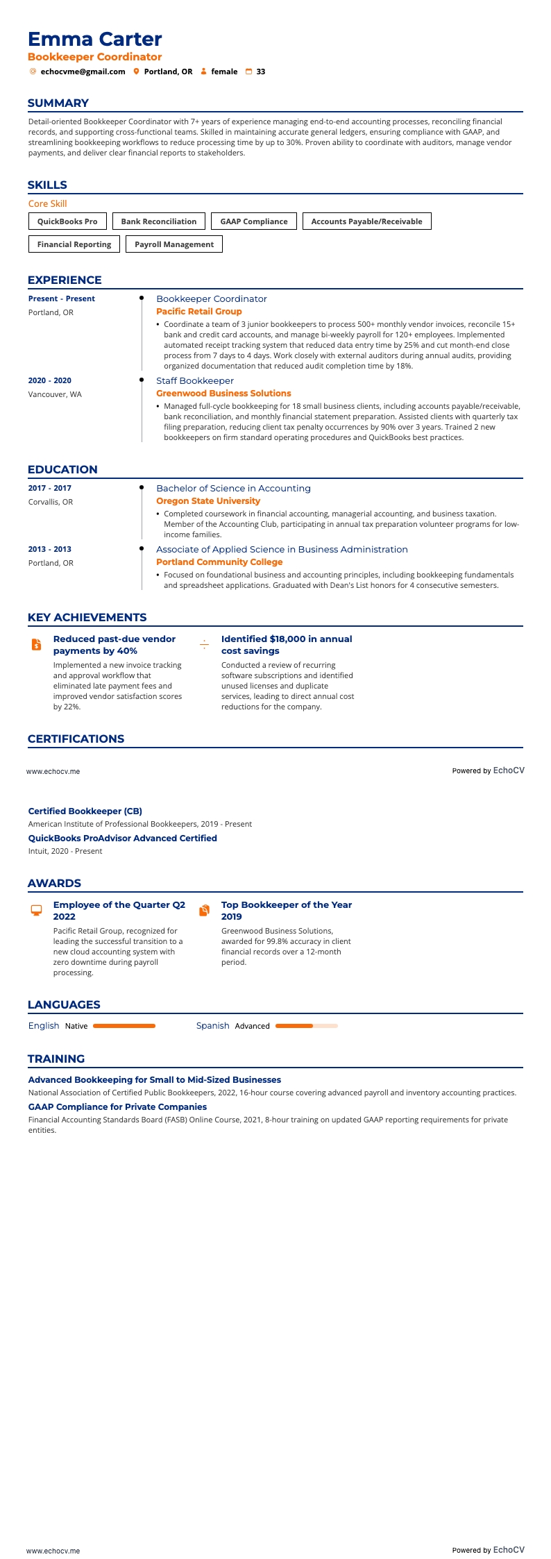 経理コーディネーター example resume